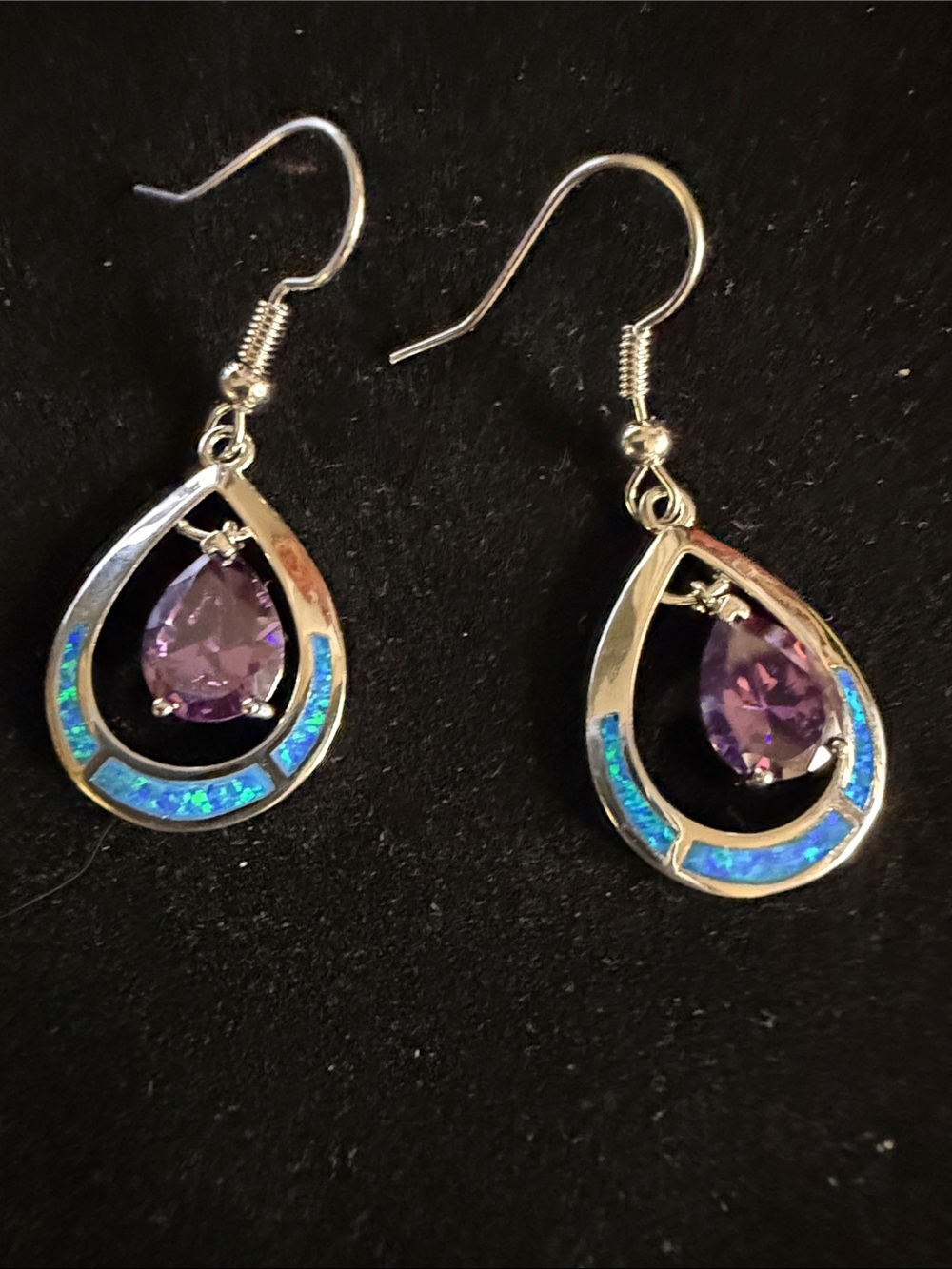 Amethyst Abalone Teardrop Dangle Earrings Silver Tone Purple Blue